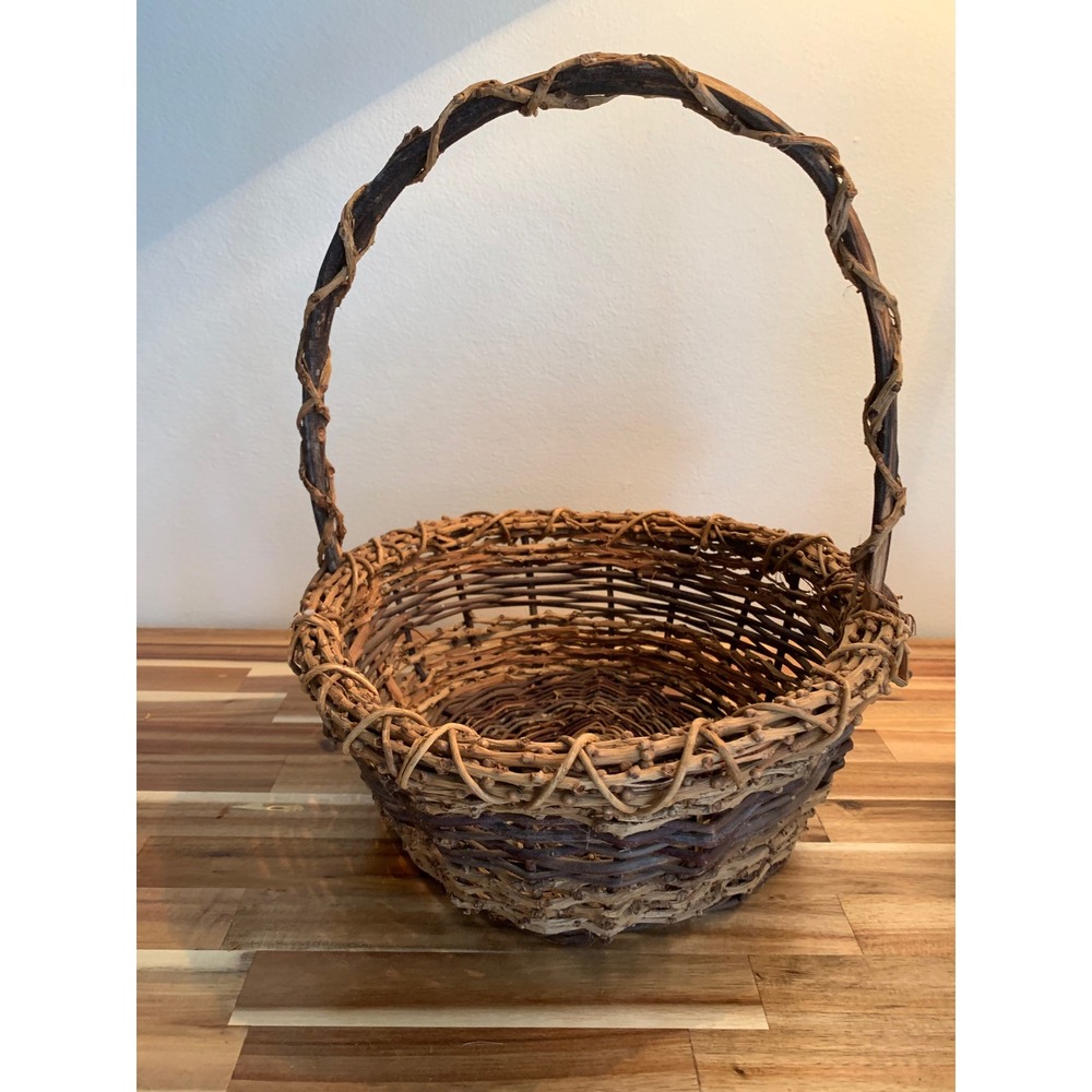 Vintage Rustic Grapevine Woven Basket Round Farmhouse Garden Decor with Handle